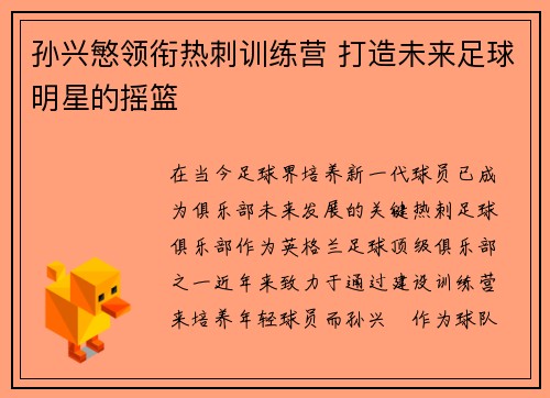 孙兴慜领衔热刺训练营 打造未来足球明星的摇篮