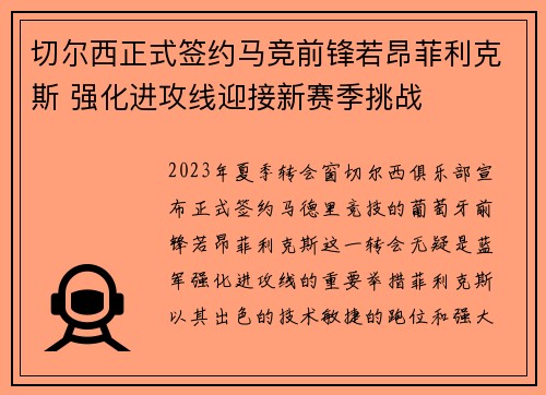 切尔西正式签约马竞前锋若昂菲利克斯 强化进攻线迎接新赛季挑战